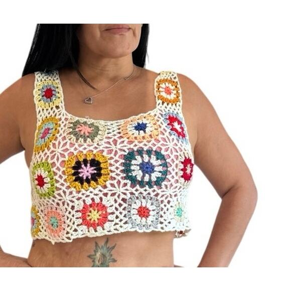 Crochet Knit Granny Square Tank Top Boho Festival Grandmacore Cottagecore s/m - Picture 1 of 8